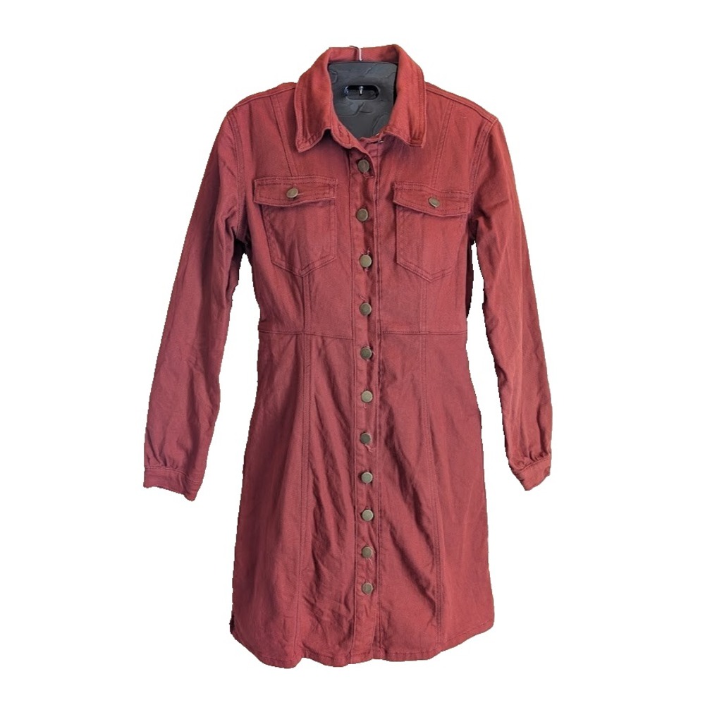 Polagram Western Denim Dress S Red Button Front Country Minimalist Casual Cute